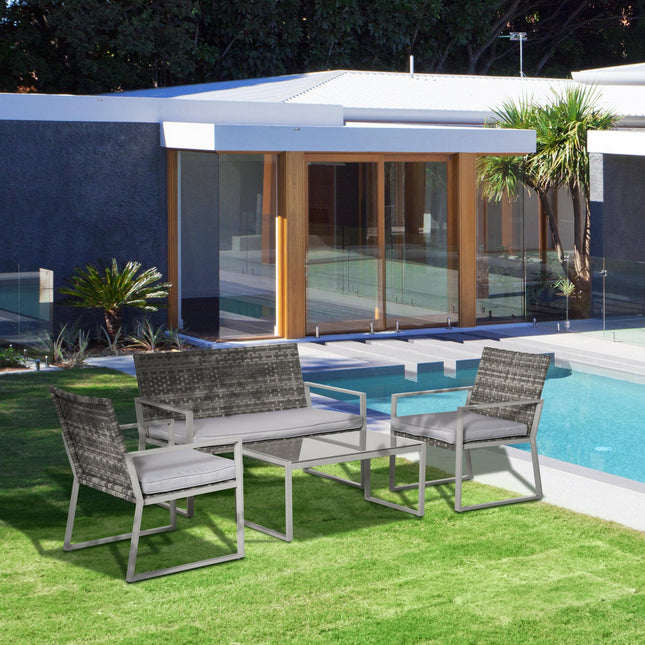 4PC Rattan Garden Furniture Set 2 Single Sofa Arm Chairs 1 Bench with Cushions &