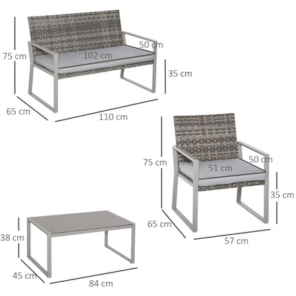 4PC Rattan Garden Furniture Set 2 Single Sofa Arm Chairs 1 Bench with Cushions &