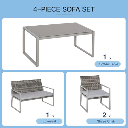 4PC Rattan Garden Furniture Set 2 Single Sofa Arm Chairs 1 Bench with Cushions &