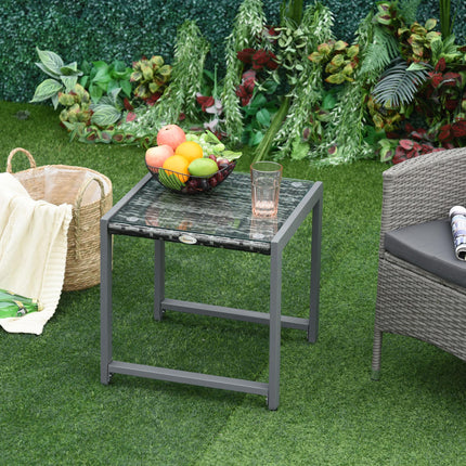 Rattan End Table Side Coffee Desk with Tempered Glass Top - Grey