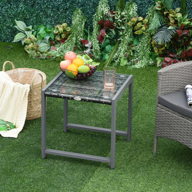 Rattan End Table Side Coffee Desk with Tempered Glass Top - Grey