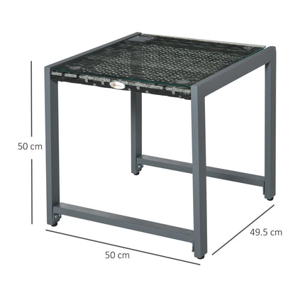Rattan End Table Side Coffee Desk with Tempered Glass Top - Grey