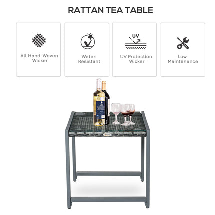 Rattan End Table Side Coffee Desk with Tempered Glass Top - Grey