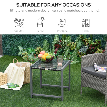 Rattan End Table Side Coffee Desk with Tempered Glass Top - Grey