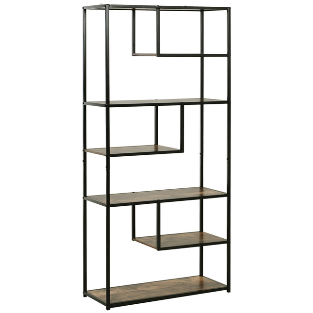 Industrial Style 6-Shelf Wood Bookcase Display Rack Organiser - Rustic Brown & Black