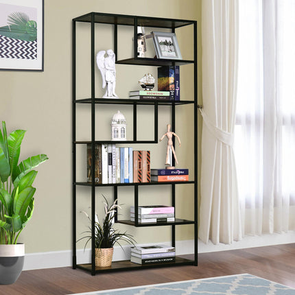 Industrial Style 6-Shelf Wood Bookcase Display Rack Organiser - Rustic Brown & Black