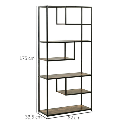 Industrial Style 6-Shelf Wood Bookcase Display Rack Organiser - Rustic Brown & Black