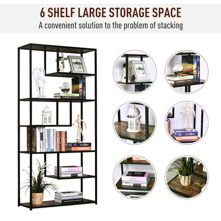 Industrial Style 6-Shelf Wood Bookcase Display Rack Organiser - Rustic Brown & Black