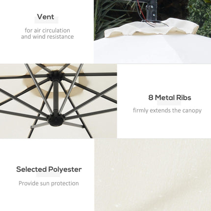 3 Metre LED Cantilever Parasol with Solar Lights and Crank Handle - Off-White