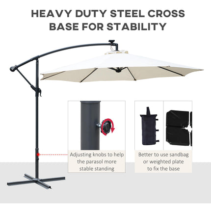 3 Metre LED Cantilever Parasol with Solar Lights and Crank Handle - Off-White