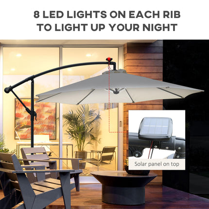 3 Metre LED Cantilever Parasol with Solar Lights and Crank Handle - Off-White