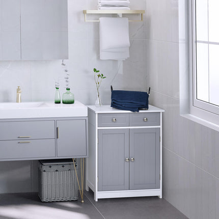 Free-Standing Bathroom Storage Cabinet with Adjustable Shelf - Grey and White