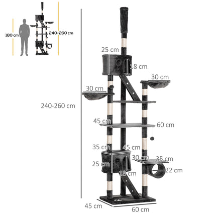 Adjustable Floor to Ceiling Cat Tree 240-260cm with Multi-Level Play and Rest - Dark Grey