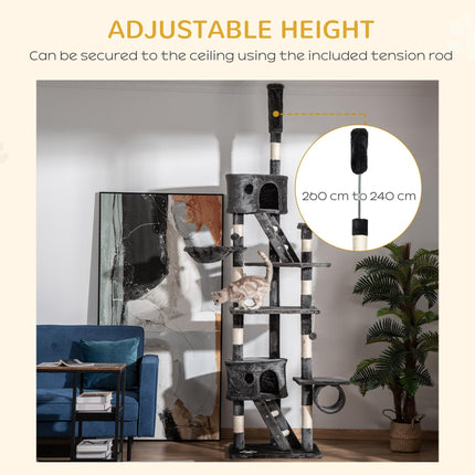 Adjustable Floor to Ceiling Cat Tree 240-260cm with Multi-Level Play and Rest - Dark Grey