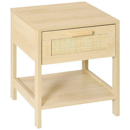 Nightstand with Rattan Drawer and Storage Shelf Bedside Table - Natural Wood Effect