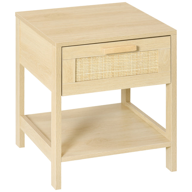 Nightstand with Rattan Drawer and Storage Shelf Bedside Table - Natural Wood Effect