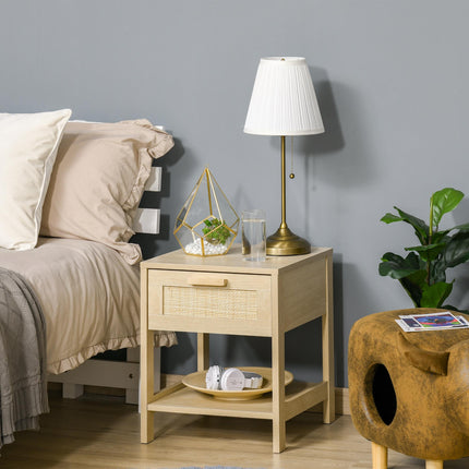Nightstand with Rattan Drawer and Storage Shelf Bedside Table - Natural Wood Effect