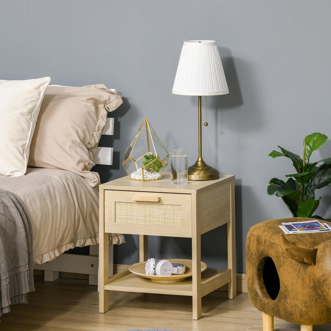 Nightstand with Rattan Drawer and Storage Shelf Bedside Table - Natural Wood Effect