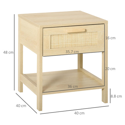 Nightstand with Rattan Drawer and Storage Shelf Bedside Table - Natural Wood Effect