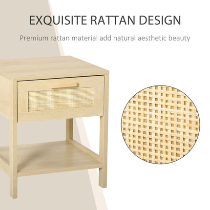 Nightstand with Rattan Drawer and Storage Shelf Bedside Table - Natural Wood Effect