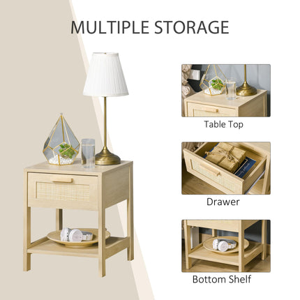 Nightstand with Rattan Drawer and Storage Shelf Bedside Table - Natural Wood Effect