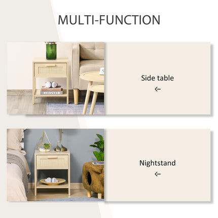 Nightstand with Rattan Drawer and Storage Shelf Bedside Table - Natural Wood Effect