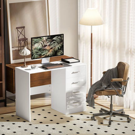 Computer Writing Desk with 4 Drawers High Gloss Workstation - White