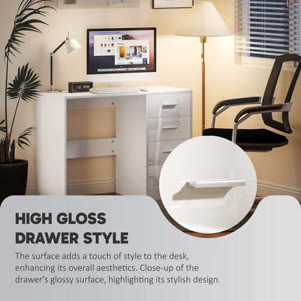 Computer Writing Desk with 4 Drawers High Gloss Workstation - White