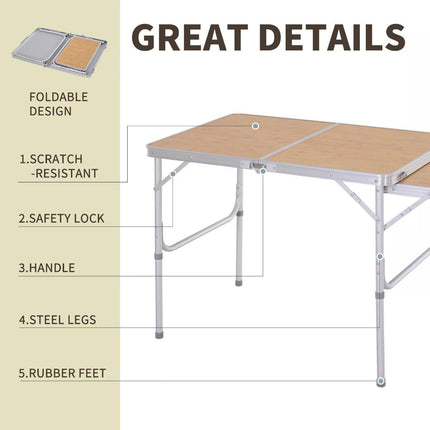 3ft Folding Portable Aluminium Picnic Table with MDF Top and Side Table - Silver