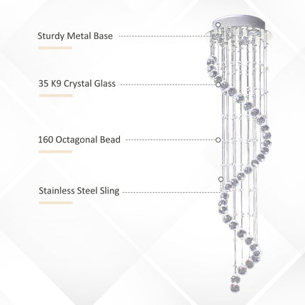 Spiral Crystal Chandelier with 160 Octagons - Silver