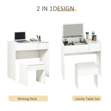 Makeup Desk with Drawer, Flip-Up Mirror & Cushioned Stool Vanity Table Set - White