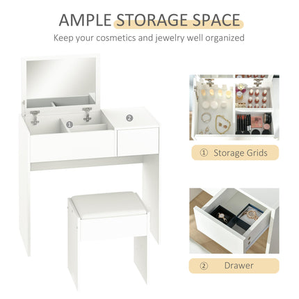 Makeup Desk with Drawer, Flip-Up Mirror & Cushioned Stool Vanity Table Set - White