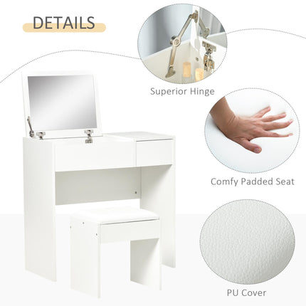 Makeup Desk with Drawer, Flip-Up Mirror & Cushioned Stool Vanity Table Set - White