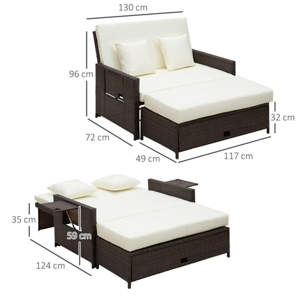 2 Seater Outdoor Rattan Garden Sofa and Daybed Set - Brown