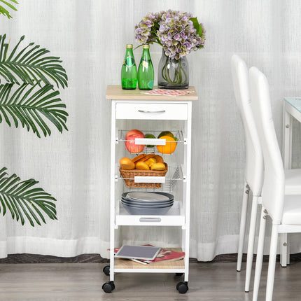 Mobile Rolling Kitchen Island Trolley with Drawer & Basket - White