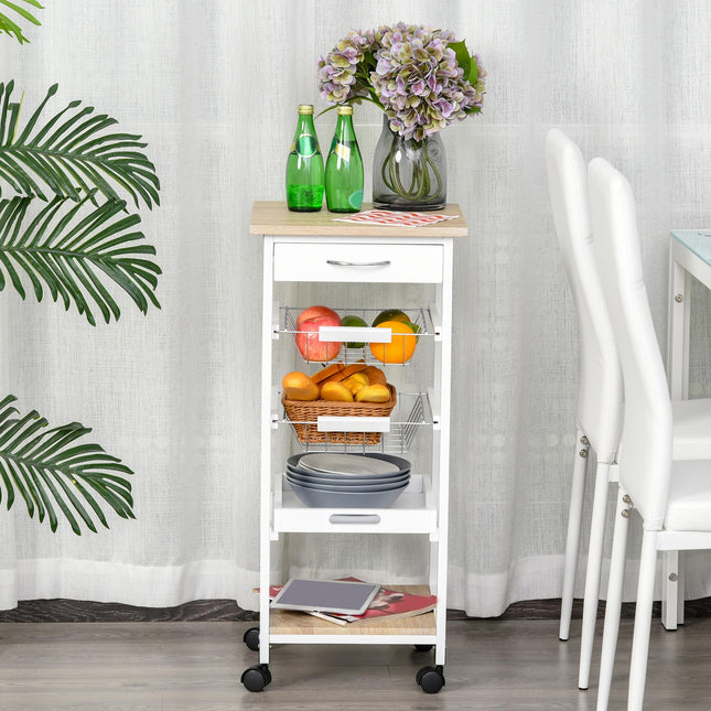 Mobile Rolling Kitchen Island Trolley with Drawer & Basket - White