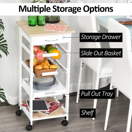 Mobile Rolling Kitchen Island Trolley with Drawer & Basket - White