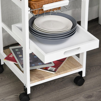 Mobile Rolling Kitchen Island Trolley with Drawer & Basket - White