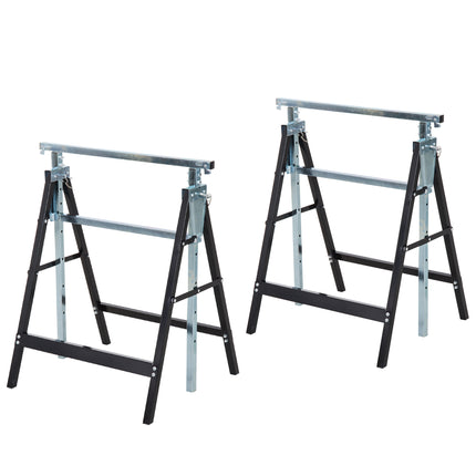 Set of 2 Adjustable Telescopic Builders Trestles Folding Steel Work Benches - Black