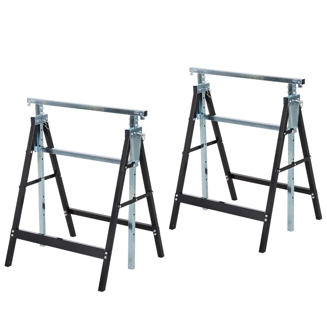 Set of 2 Adjustable Telescopic Builders Trestles Folding Steel Work Benches - Black