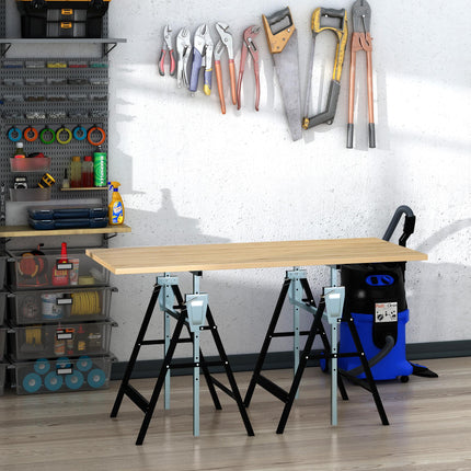Set of 2 Adjustable Telescopic Builders Trestles Folding Steel Work Benches - Black
