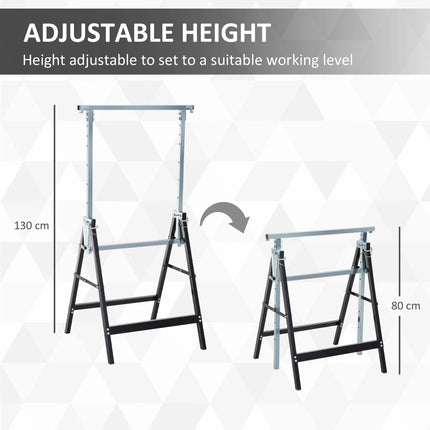 Set of 2 Adjustable Telescopic Builders Trestles Folding Steel Work Benches - Black