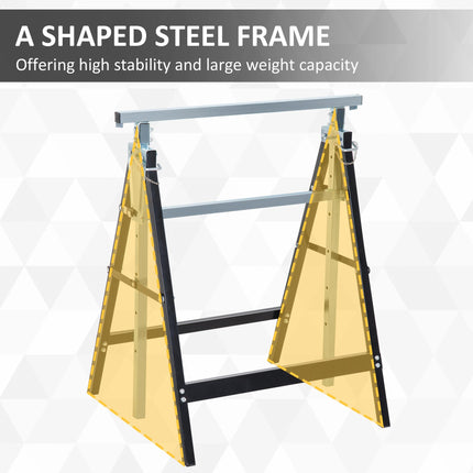 Set of 2 Adjustable Telescopic Builders Trestles Folding Steel Work Benches - Black