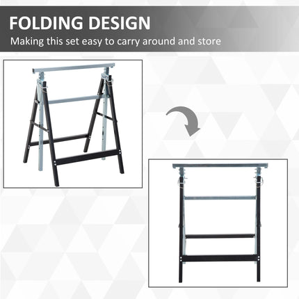 Set of 2 Adjustable Telescopic Builders Trestles Folding Steel Work Benches - Black