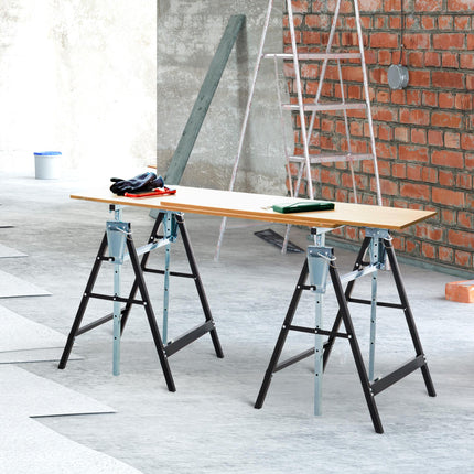 Set of 2 Adjustable Telescopic Builders Trestles Folding Steel Work Benches - Black