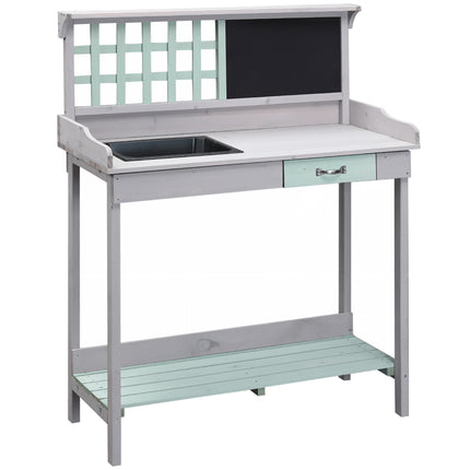 Wooden Garden Potting Table with Drawer, Shelves, Sink & Blackboard - Dark Grey & Light Blue