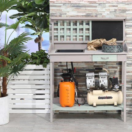 Wooden Garden Potting Table with Drawer, Shelves, Sink & Blackboard - Dark Grey & Light Blue