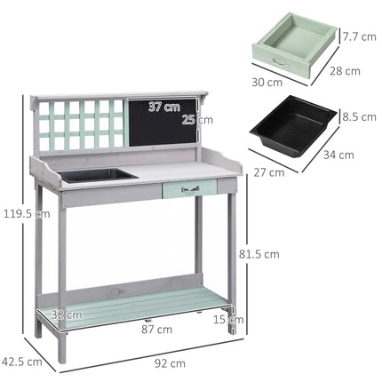 Wooden Garden Potting Table with Drawer, Shelves, Sink & Blackboard - Dark Grey & Light Blue