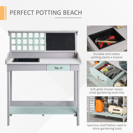 Wooden Garden Potting Table with Drawer, Shelves, Sink & Blackboard - Dark Grey & Light Blue