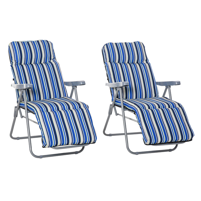 Set of 2 Foldable Adjustable Garden Sun Loungers with Cushions - Blue and White